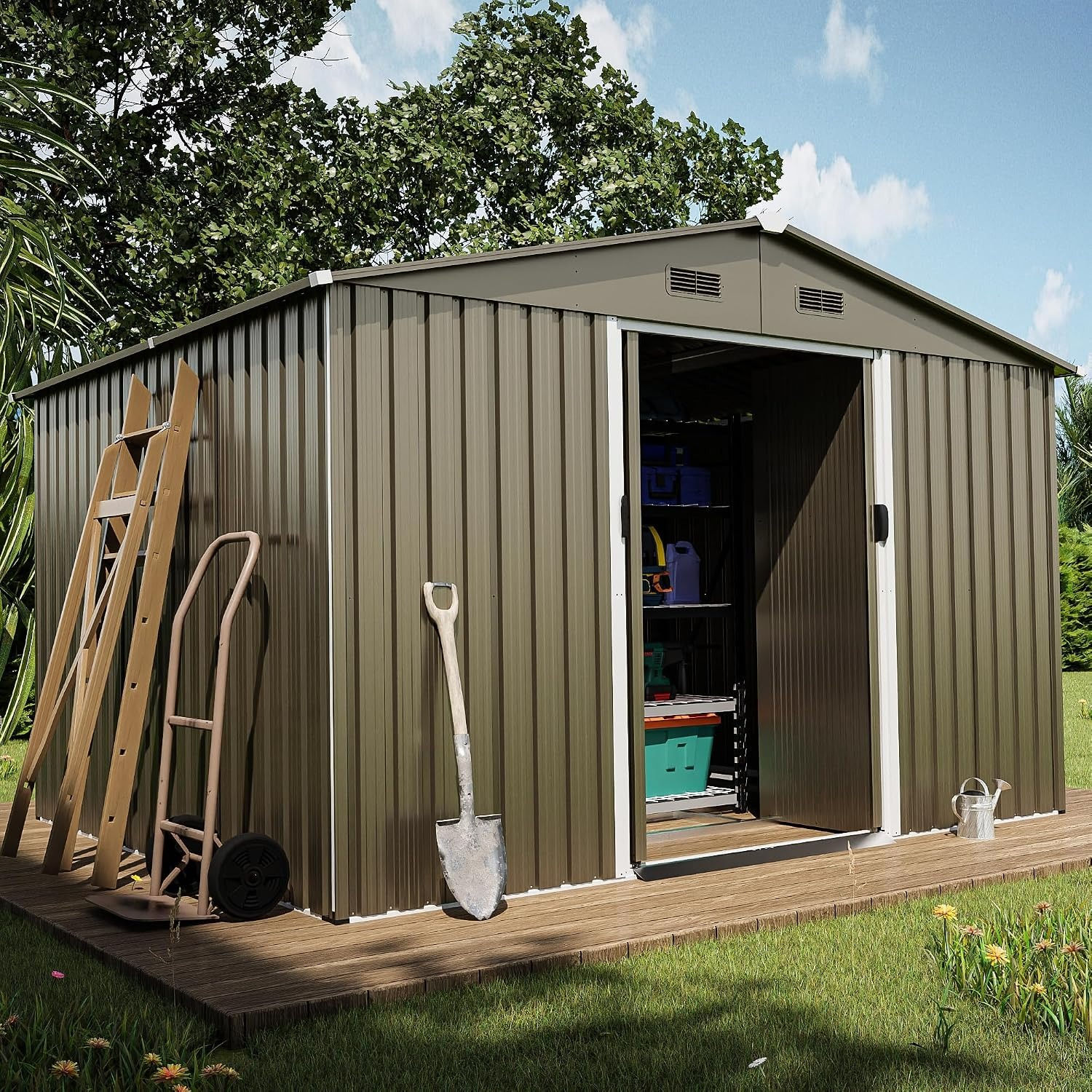 10x8 FT Metal Outdoor Storage Shed,Waterproof Lockable Sliding Door & Ventilatio