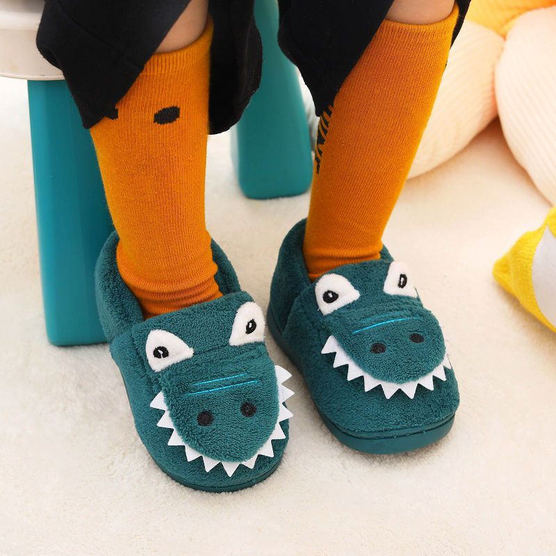 Thumbnail: Boys' Dinosaur Slippers with Plush TPR Sole & Alligator/Crocodile Teeth - Warm W
