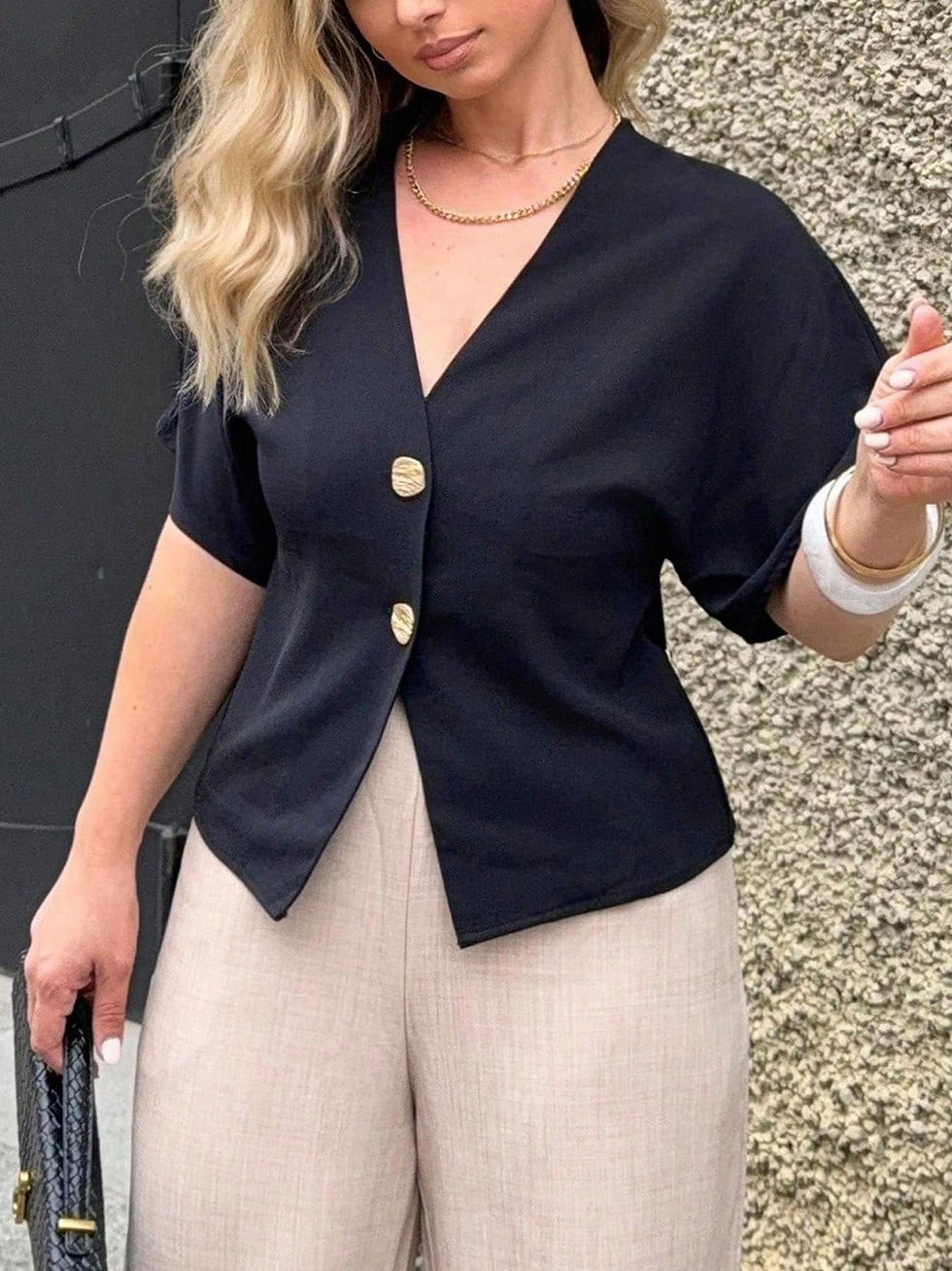 Thumbnail: Women's Solid Color V-Neck Trim Shirt Short Sleeve with Golden Button Details Lo