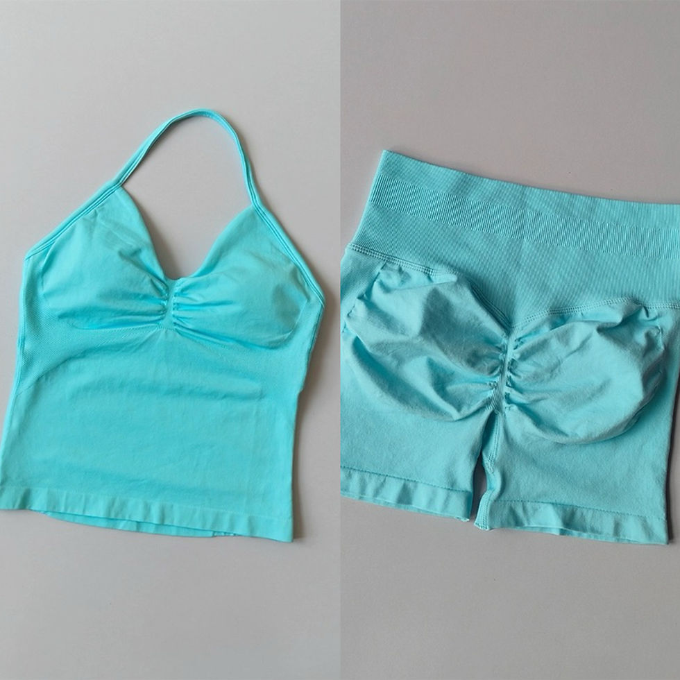 Thumbnail: Sexy Halter Neck Beautiful Back High Waist Peach Sports Bras Shorts Suit Pilates