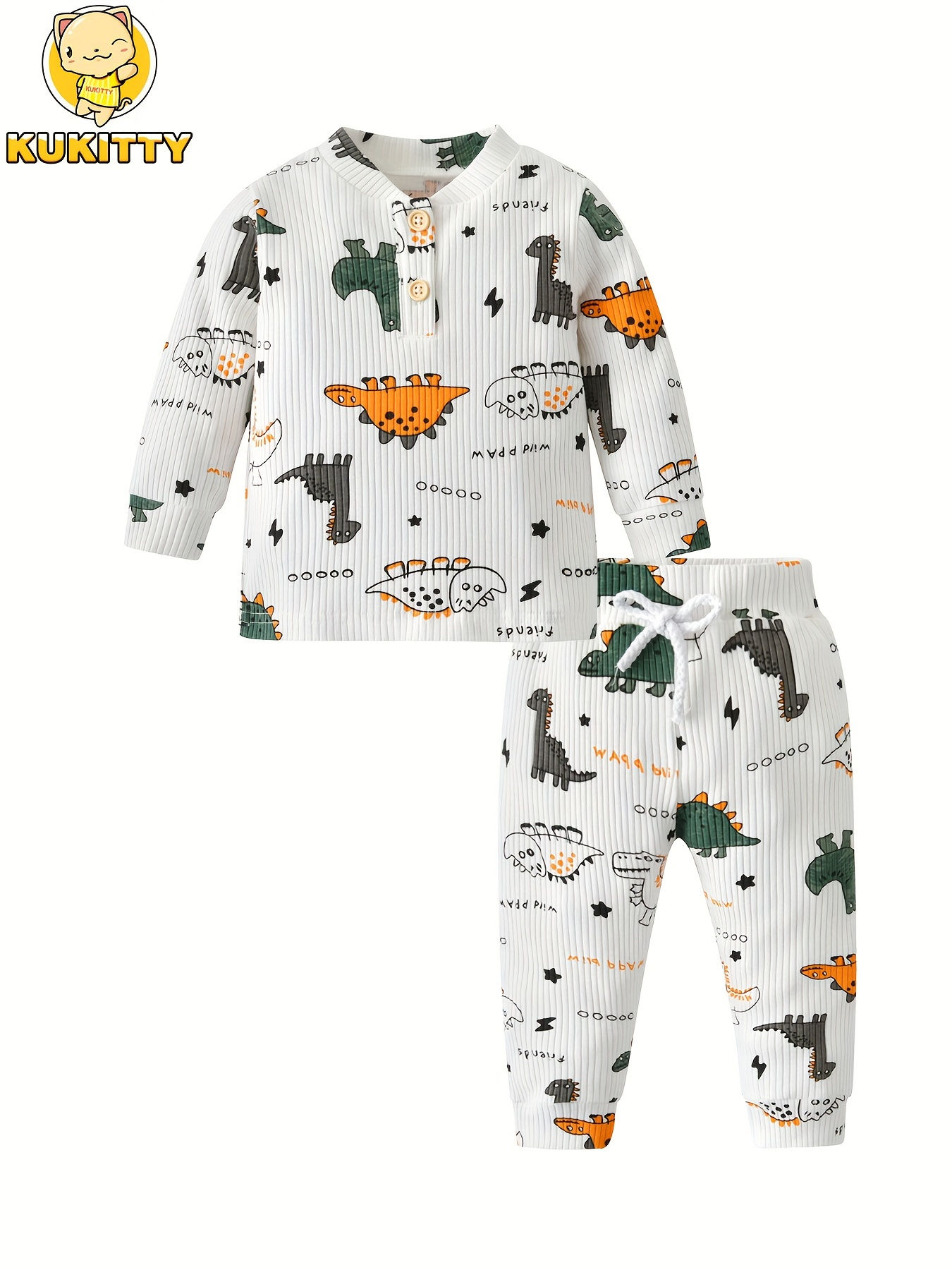 KuKitty Baby Boy Clothes Infant Dinosaur Print Long Sleeve Ribbed Tops Pants Out