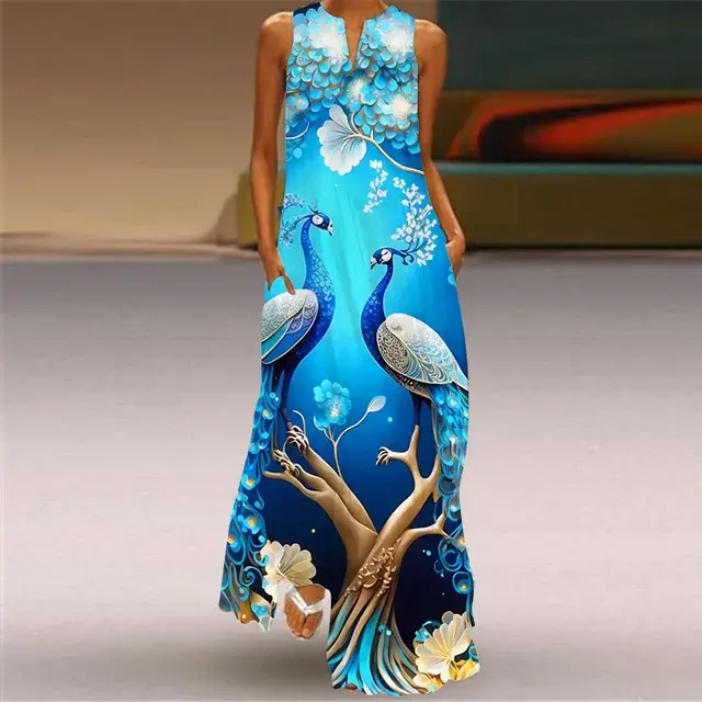 Thumbnail: Summer Women's Artistic Retro Sleeveless V-neck Pullover Print Sexy Dress Long S