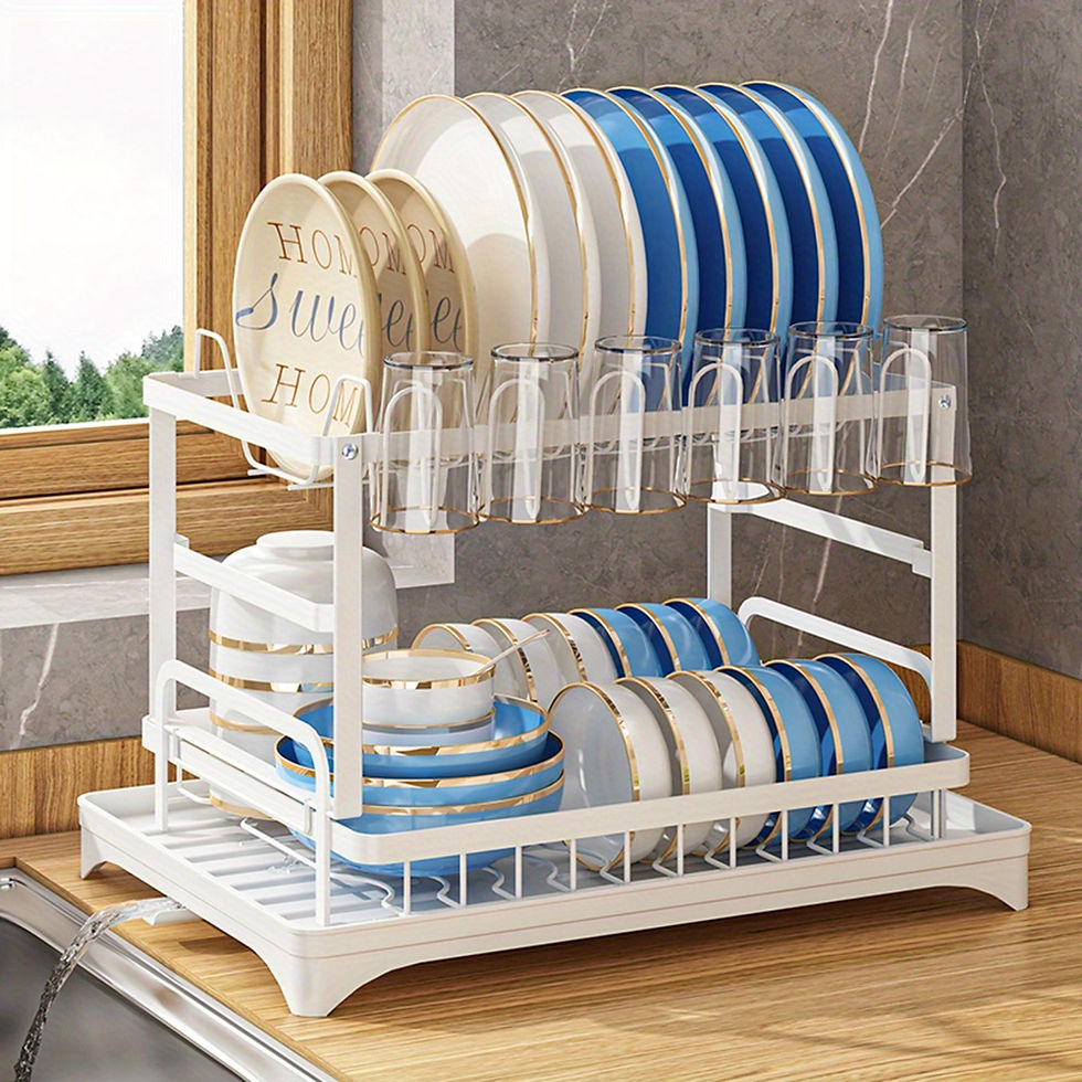 Thumbnail: 1pc Large Capacity 2-Tier Dish Drying Rack with Drainboard, Double-Layer Bowl & 