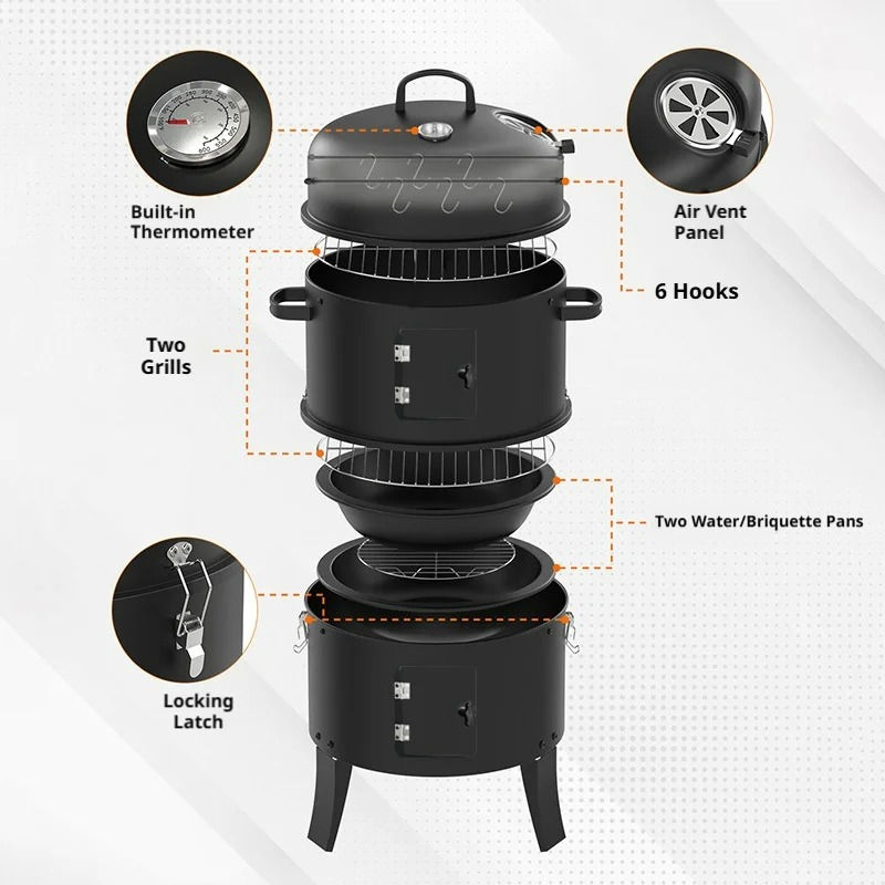 Thumbnail: 3-Tier Charcoal Smoker Grill, Outdoor & Home Hanging BBQ Smoker, Portable Barbec