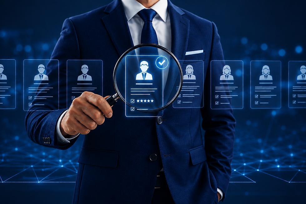 Businessman in blue suit examines glowing digital profile cards with a magnifying glass in a sleek blue tech background