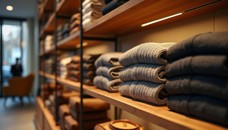 Close-up view of a Ralph Lauren store interior showing elegant wooden shelves with folded sweaters and leather bags