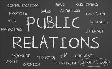 Public Relations chalkboard with the components of PR listed