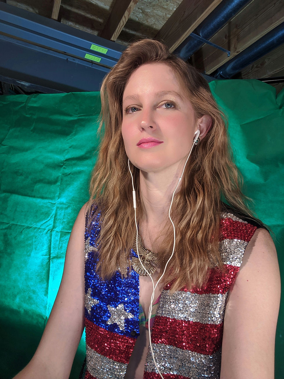 It is July 31, 2020, and I am celebrating my first Big Blue Ball from the privacy of my Covid bomb shelter. My comedians dressed me in this sequined vest. The day after I wore it twice, they asked me why I wasn't wearing it, and when I suggested I put it back on if they are so upset to see it go, they said yes, do that. 
 
 Some might say I was already making a pattern of it. Anyhoosiers, they told me never to take it off. And if it encourages comedians, well then daggum I'm in! Here is me with a little more chin dominance and cross-eyes. And here are some screenshots I grabbed from this great show, which tonight has gone down in history as Rampantly's first ever multi-week audience voting show!  (Not to mention profit sharing! We gave more than $150 away to comedians tonight.) Aaron Ring Chip Nicholson David Parsons Dani Riedel