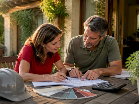 Una pareja analiza juntos los planos de la futura reforma de su casa.