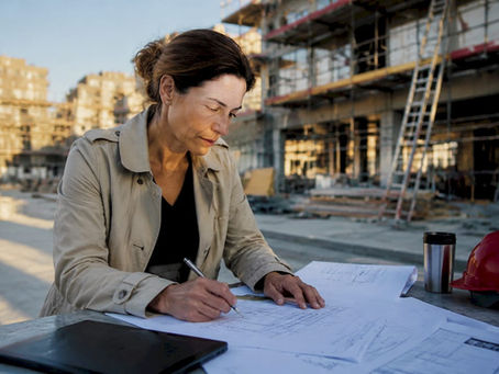 Arquitecta revisa detenidamente los planos en la oficina técnica especializada en rehabilitación de edificios.