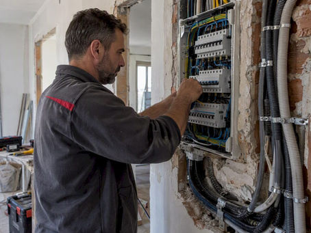 Electricista inspeccionando el cuadro eléctrico de una vivienda