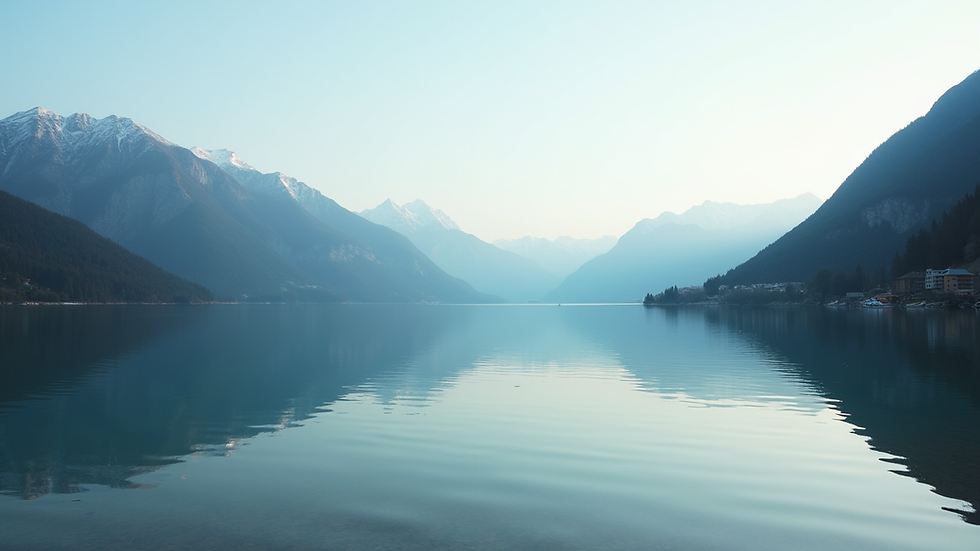 Eye-level view of a serene landscape with a calm lake and mountains in the background
