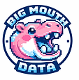 Big Mouth Data logo featuring a playful pink and blue hippo for a DOMO-focused BI consulting company.