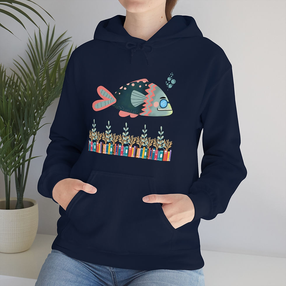 Thumbnail: Crazy Clown Fish #2 Swimming Over Books: Unisex Heavy Blend™ Hooded Sweatshirt