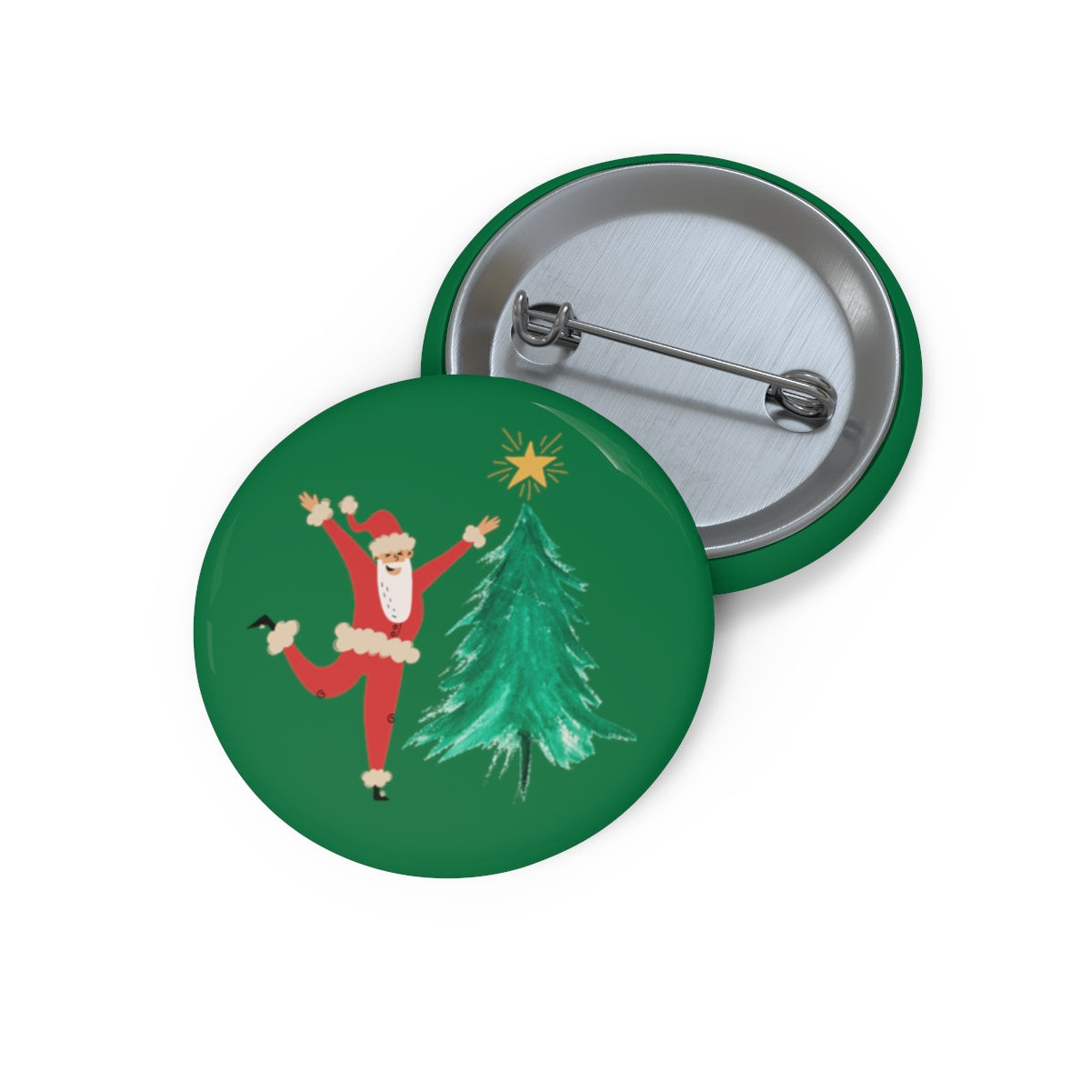 Santa Putting Star On Green Tree: Pin Buttons