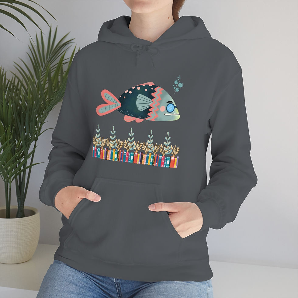 Thumbnail: Crazy Clown Fish #2 Swimming Over Books: Unisex Heavy Blend™ Hooded Sweatshirt