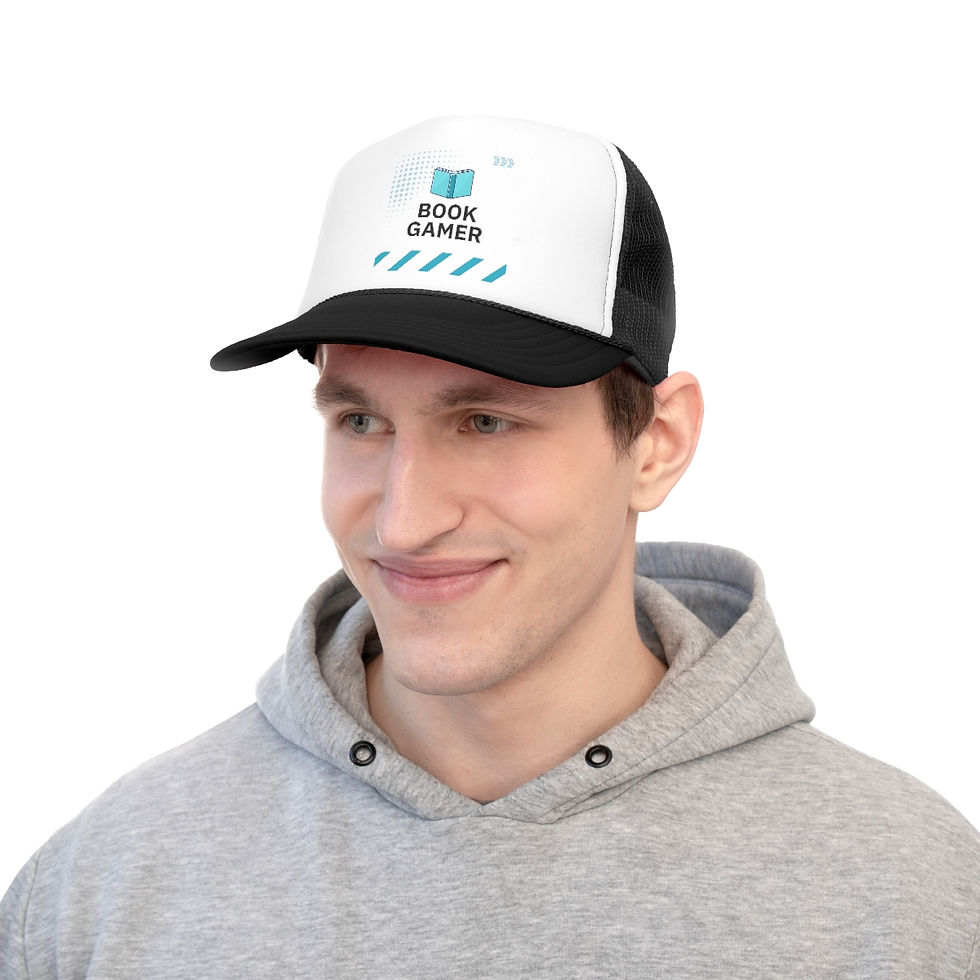 Thumbnail: Book Gamer: Light Blue Text with Designs: Trucker Caps