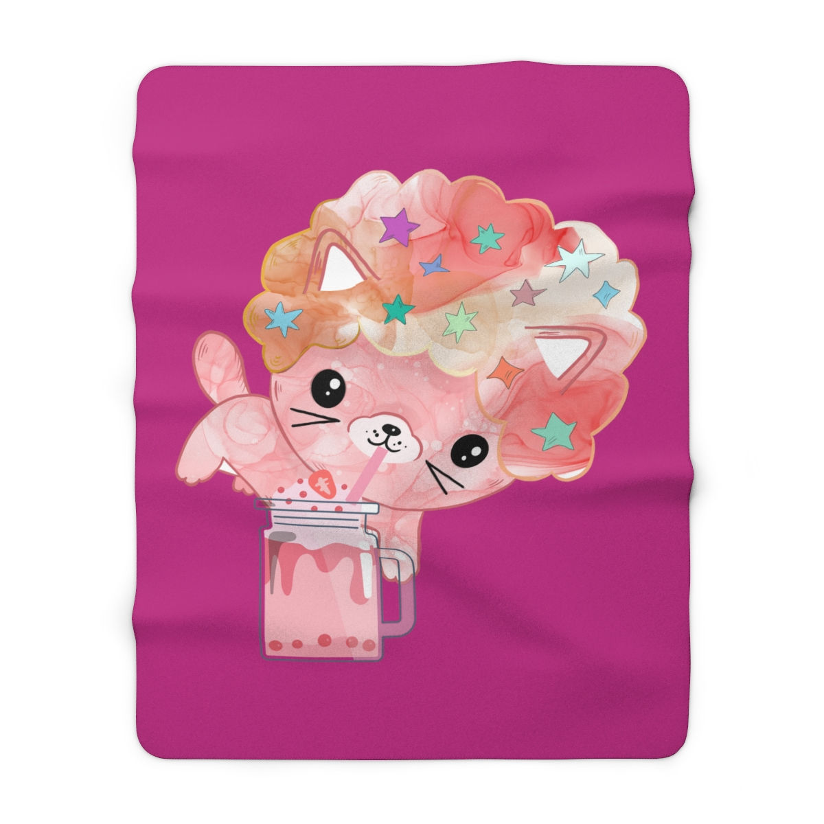 Pink Cat Drinking Boba: High Quality Cozy Fleece Blanket