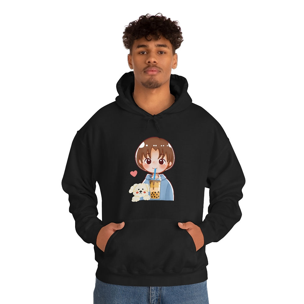 Thumbnail: Boy with Dog Drinking Boba: Unisex Heavy Blend™ Hooded Sweatshirt