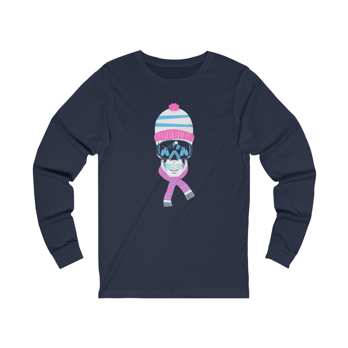 Ski Skull With Pink And Blue Beanie: Unisex long sleeve tee.