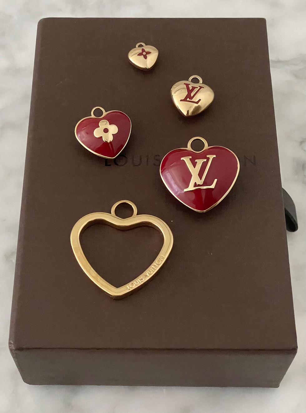 Thumbnail:   Reworked Louis Vuitton logo gold toned heart charm bracelet 