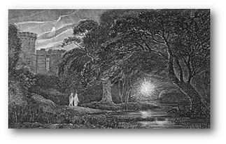 An illustration of people entering a dark forest, evocative of fairy and folk tales.