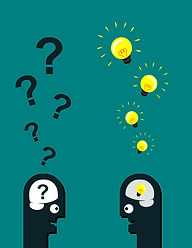 Illustration of two people - one with question marks over their heads and the other with light bulbs depicted.