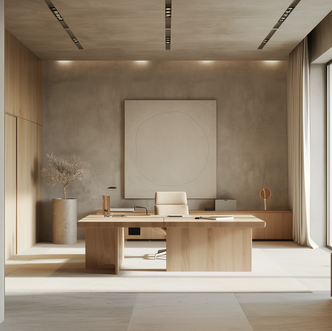 Minimalist modern office interior featuring a light wood executive desk, a cream upholstered chair, and a large abstract canvas on a concrete wall. The room is accented with neutral tones, built-in wood cabinetry, and natural light from floor-to-ceiling windows on the right.