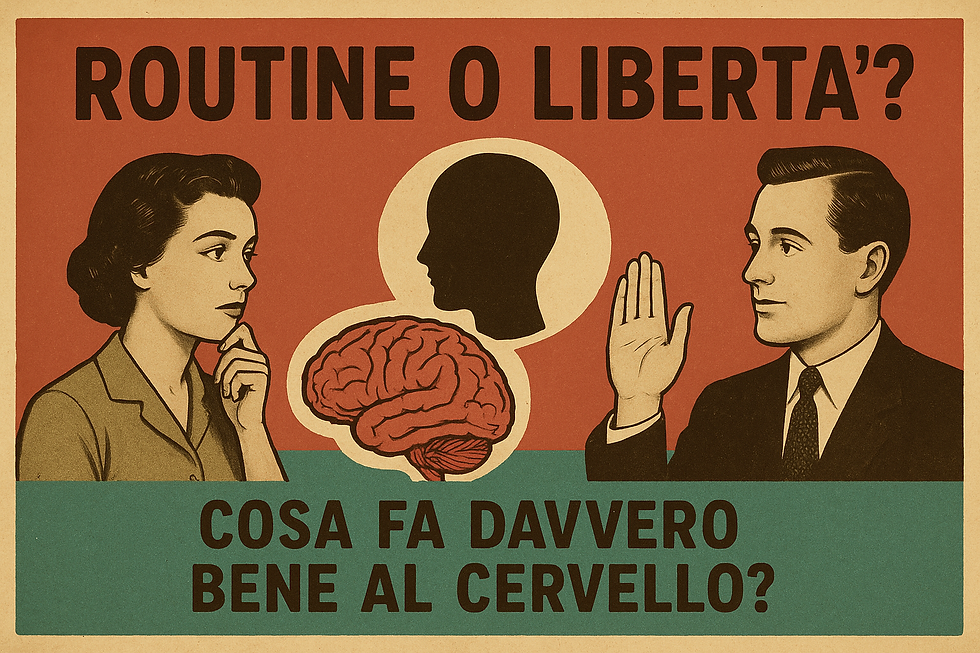 Collage vintage con elementi psicologici e neuroscientifici: una figura umana riflessiva accanto a un cervello stilizzato e simboli di calma e equilibrio. Rappresenta la relazione tra routine, ansia e regolazione emotiva secondo la neuroscienza.