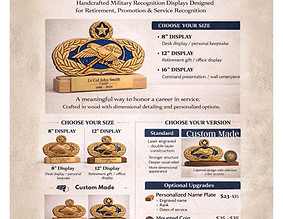 Custom USAF wing display stand handcrafted from layered wood with precision laser engraving.