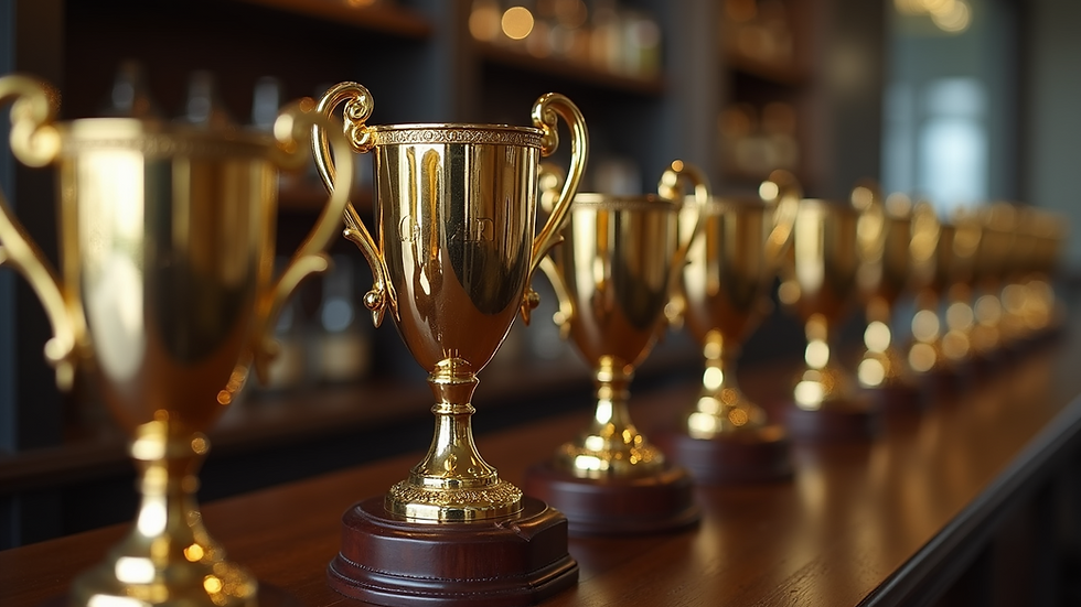 High angle view of personalized trophies and awards on display