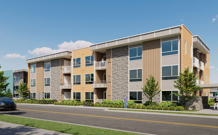 APARTMENT BUILDING WITH ORAGE LAP SIDDING AND STONE