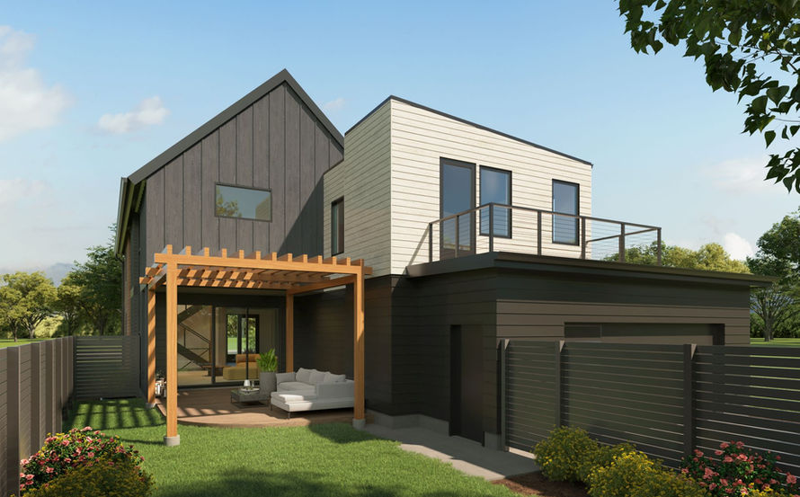 MODERN BACK YARD WITH TRELLASE OVER BACK PORCH