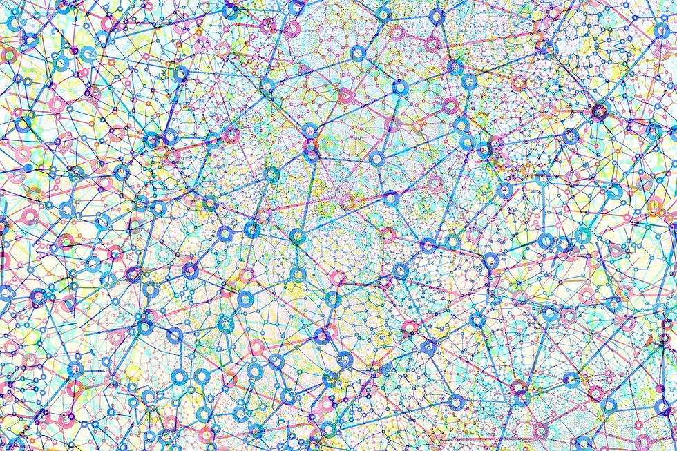 An abstract representation of a network consisting of nodes connected by straight lines in shades of yellow, blue, turquoise, pink, and purple.