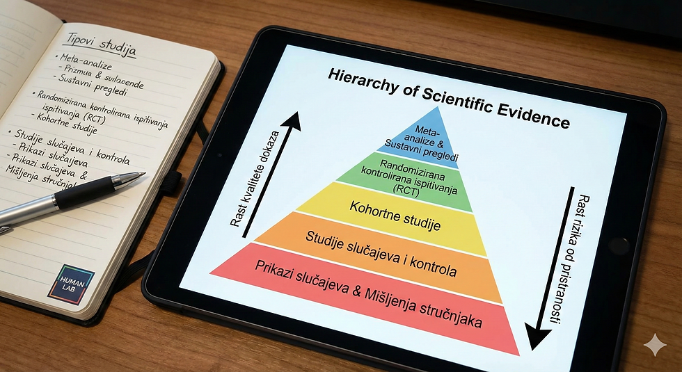 Infografika hijerarhije znanstvenih dokaza od opservacijskih studija do meta-analiza - Human LAB.