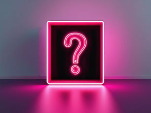 a bright pink neon questoin mark in a black box, with neon pictures around it.