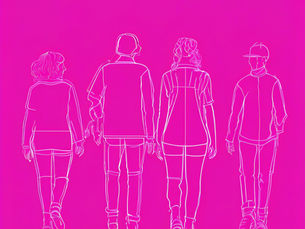 Four individuals walk in unison, outlined in white against a vibrant pink background, their paths converging in a harmonious stride.