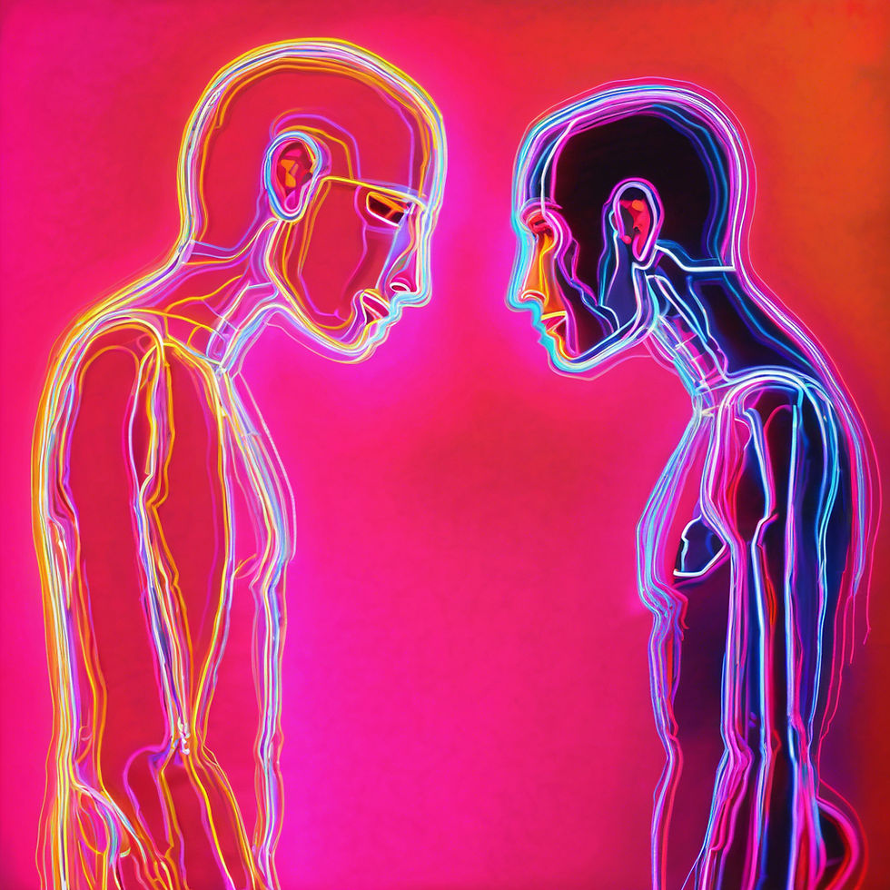 a pink background with two neon figures looking at each other