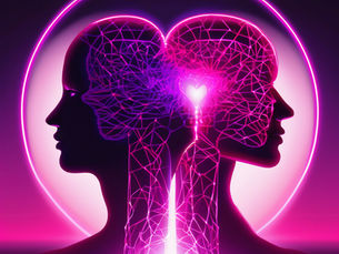 Digital illustration of two overlapping human head silhouettes, filled with glowing pink and purple neon patterns that represent brains or energy, on a dark background.