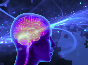 Digital illustration of a human head in profile with a glowing, neon-colored brain overlaid, representing cognitive activity. In the background, abstract light trails and circuitry patterns connect to a silhouette of another head with gears inside, symbolizing the intersection of human empathy and artificial intelligence.