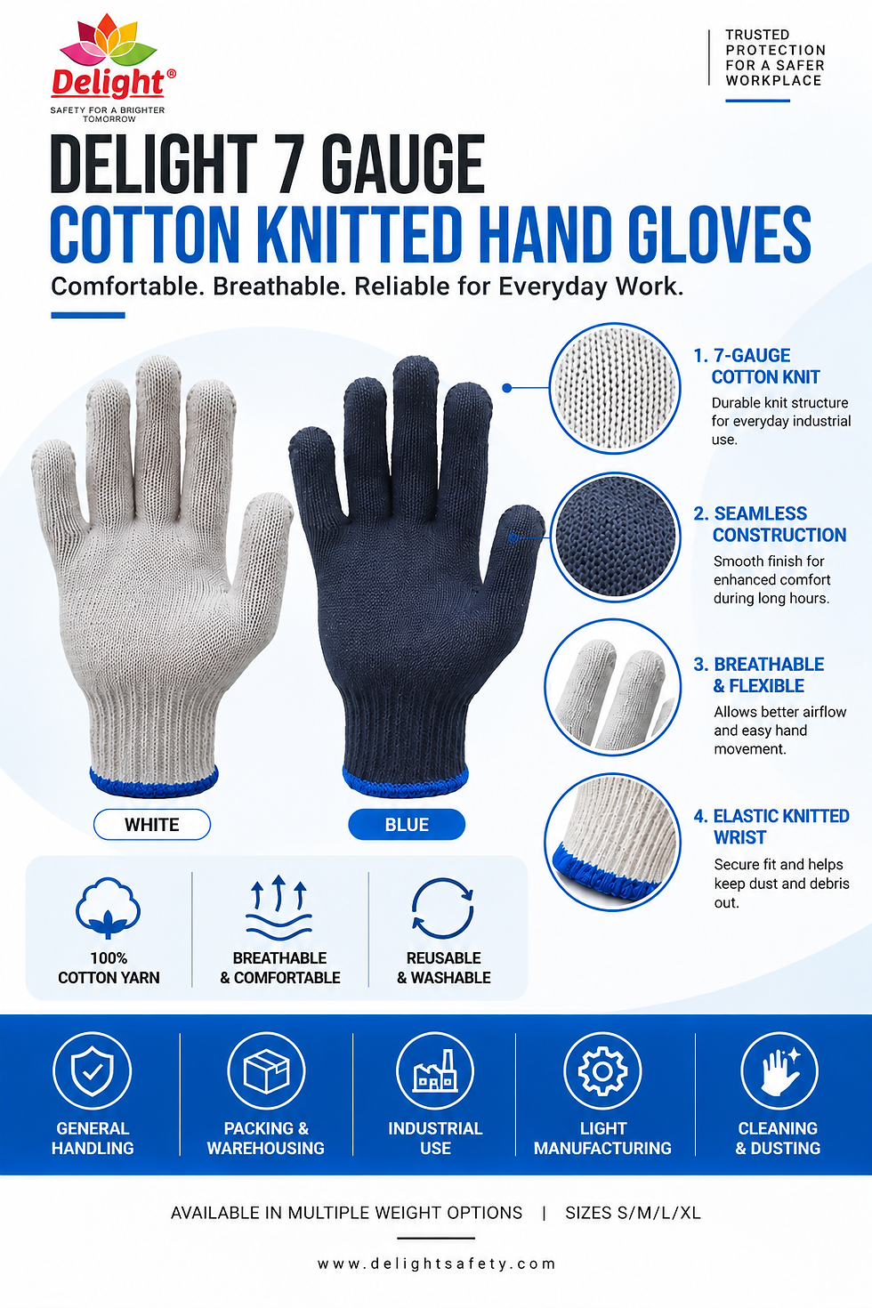 Delight 7 gauge cotton knitted hand gloves available in white and blue for general industrial handling