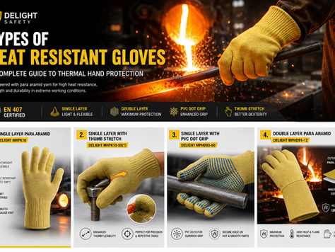 Types of heat resistant gloves including single layer, thumb stretch, PVC dot grip, and double layer para aramid gloves for industrial thermal hand protection