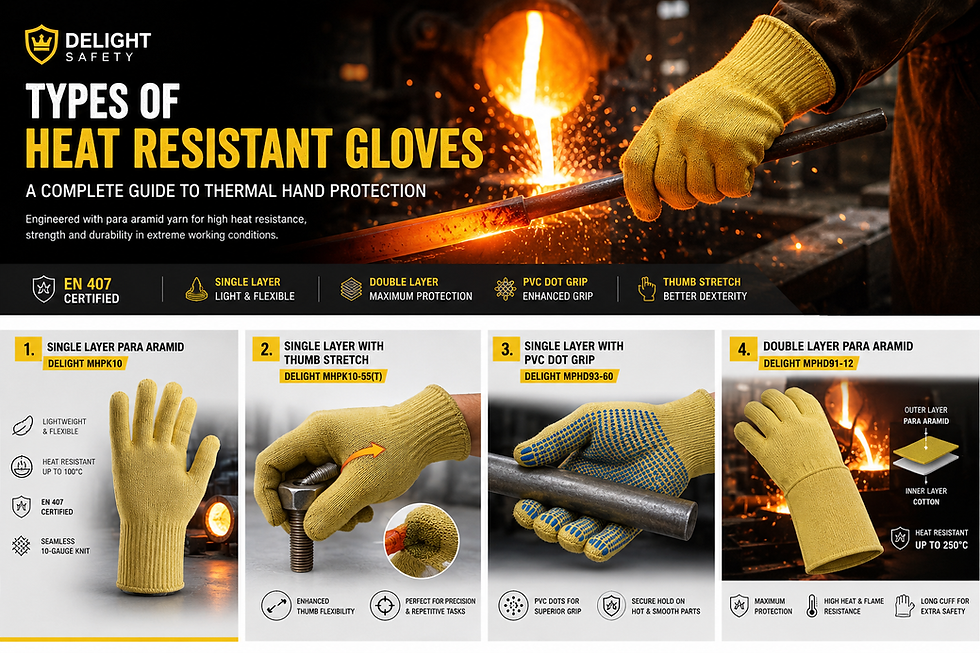 Types of heat resistant gloves including single layer, thumb stretch, PVC dot grip, and double layer para aramid gloves for industrial thermal hand protection