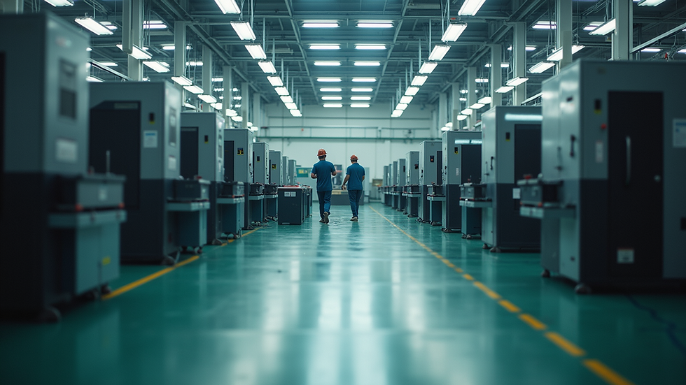 Eye-level view of a factory floor with machines and workers