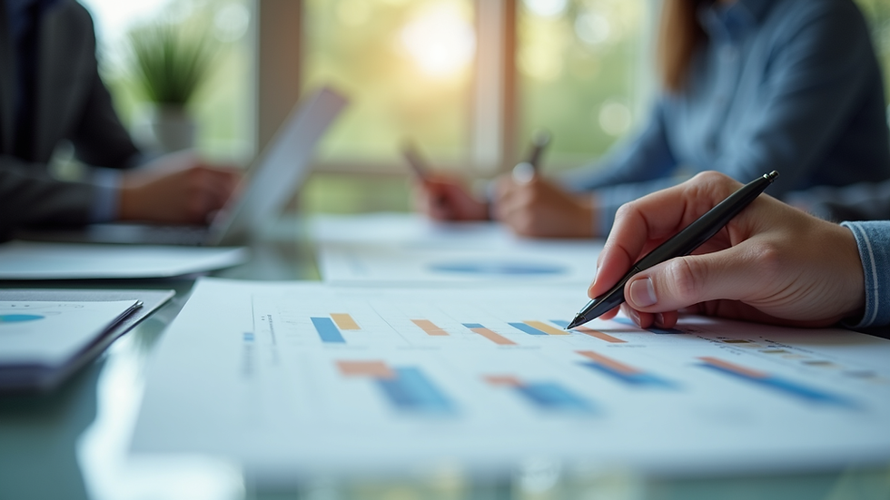 Close-up view of a business meeting with charts and notes on a table