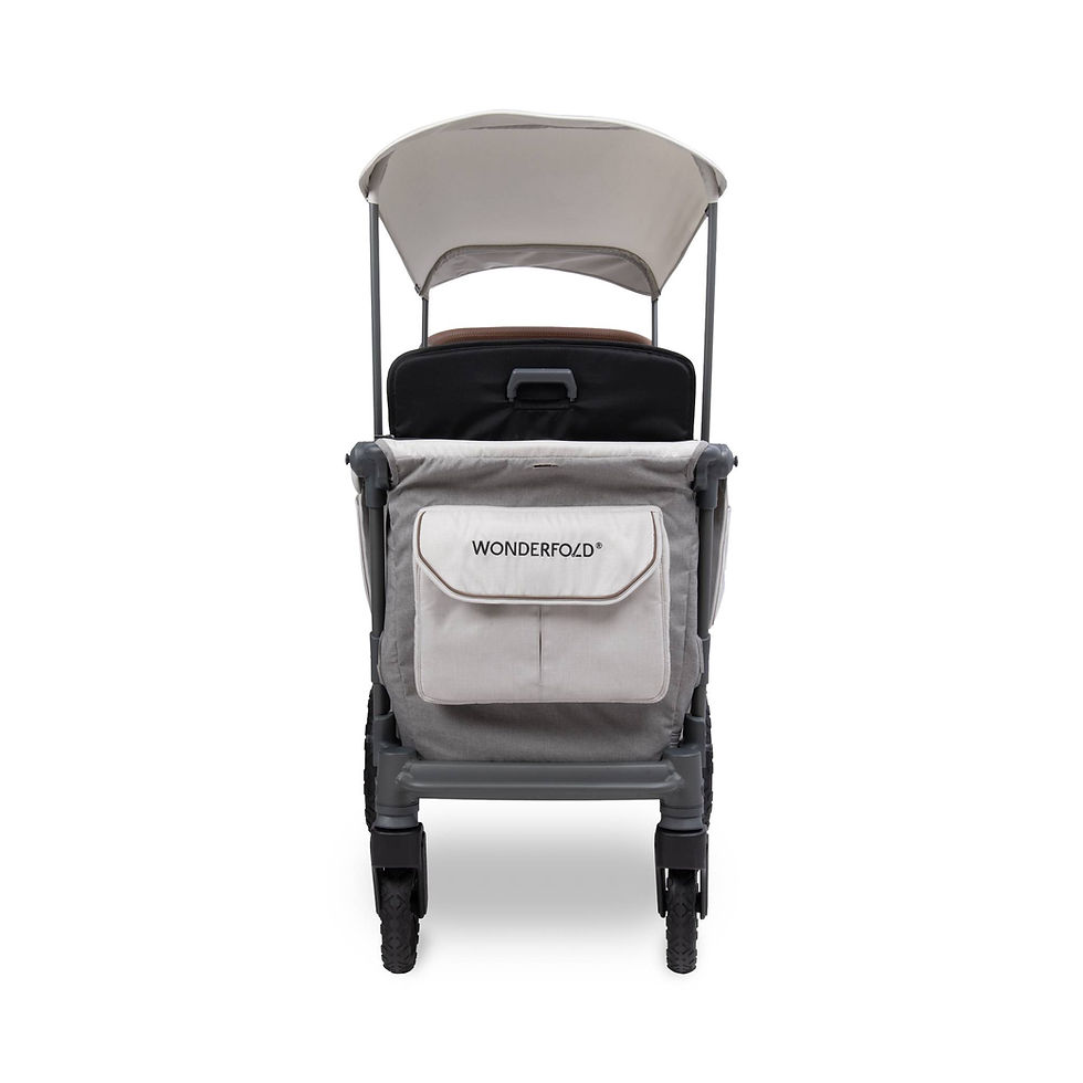 WonderFold L2 Kinderwagen-Wagen in Grau, Ansicht von hinten mit Verdeck, Korbtasche und WonderFold-Schriftzug