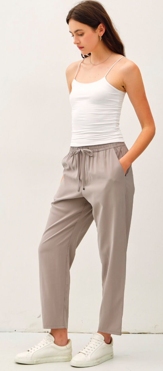 High rise elastic waist cropped pants-earth grey 