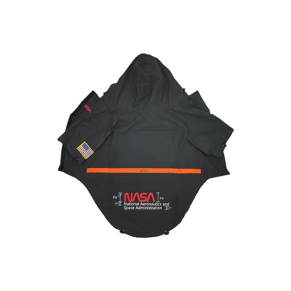 Black rain jacket featuring NASA logo and reflective details