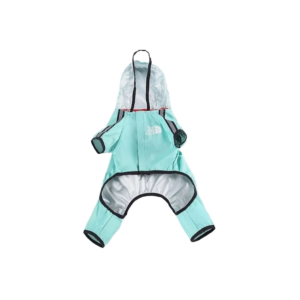 Front view of black full-body dog jacket with zipper closure