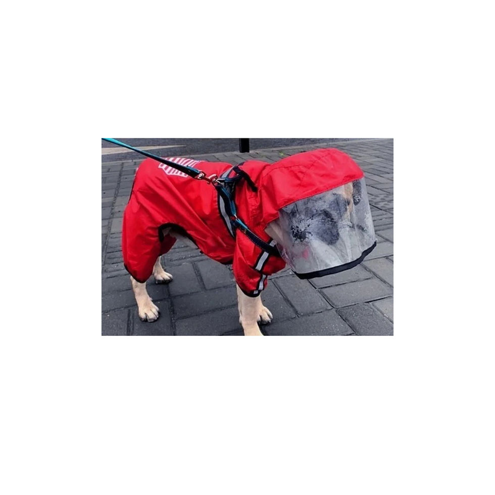 Side view of red full-body dog jacket showing full coverage